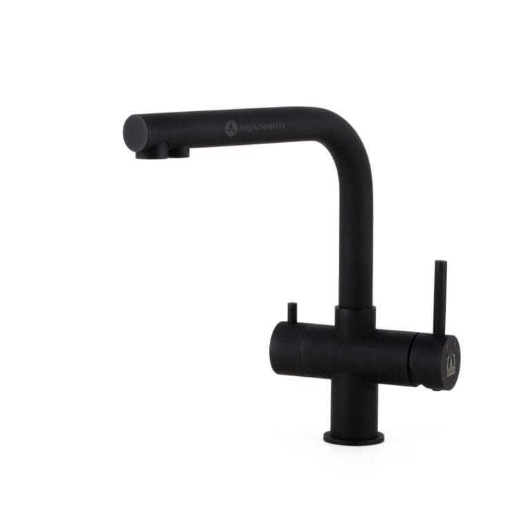 Vizio 3 Wege Edelstahl Wasserhahn in L-Form - niedrig - schwarz - Frontansicht